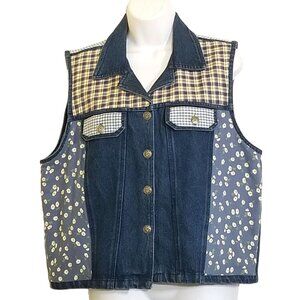 Vintage Women's L Denim Vest Patchwork Daisy Gingham Plaid Flap Pockets Cottage